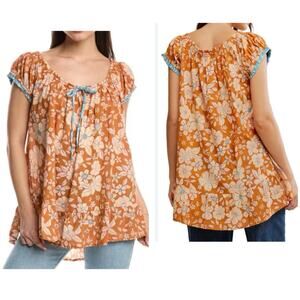 Free People Boho Floral Tunic Top Orange S Cotton Tie Neck Cap Sleeve Ruffle Hem